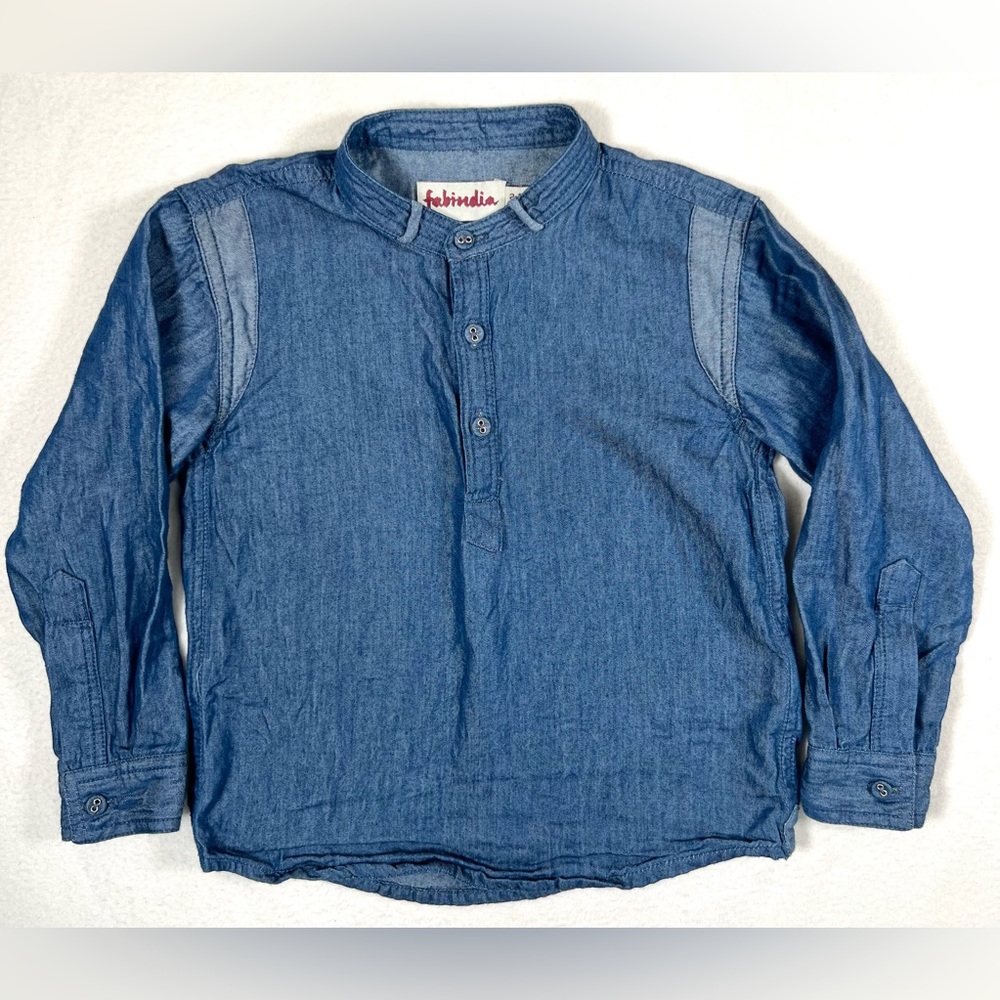 FABINDIA Boys Blue Cotton Chinese Collar‎ Short Kurta Long Sleeve 2-3 India